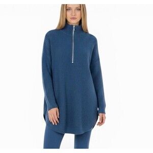 Express Women’s Size Small Petite Blue Knit Sweater Half Zip High Neck